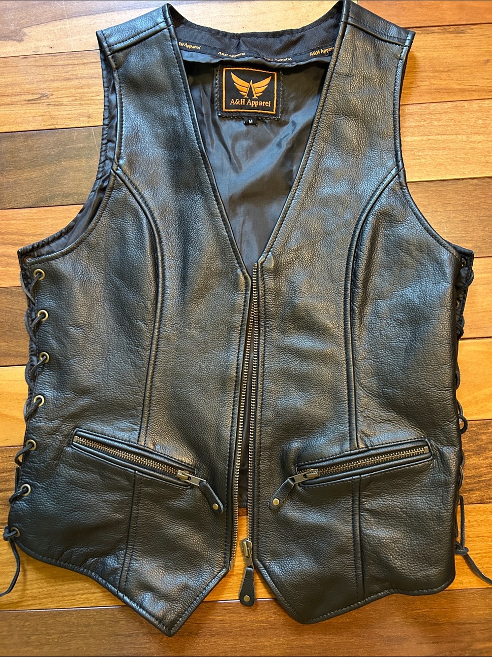 Women's Black Leather Zip Vest with Side Lace-Up Detail